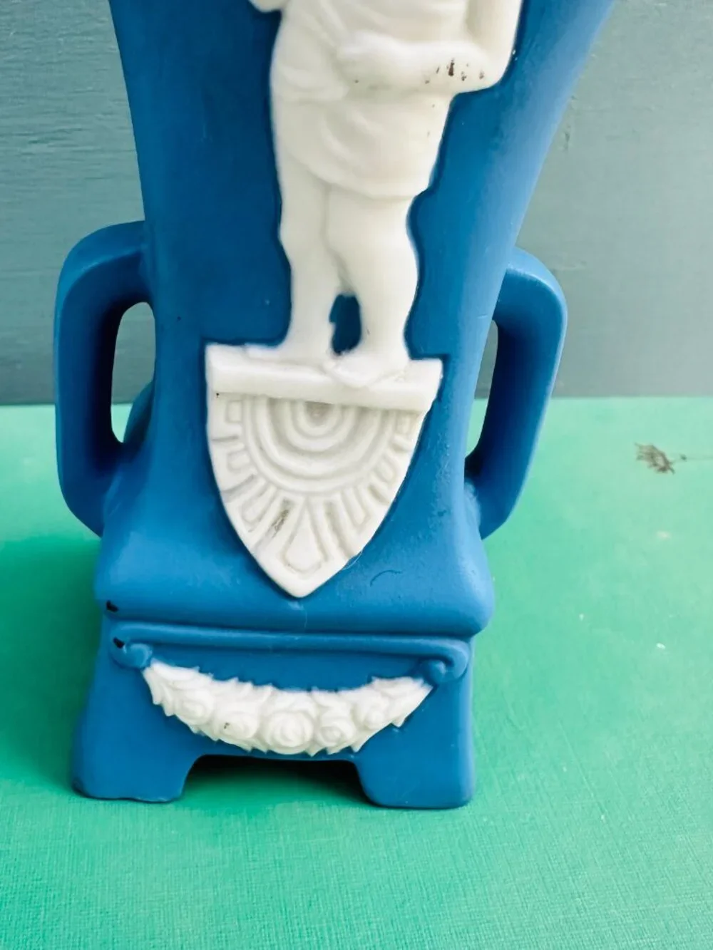 Vintage Jasperware Blue and White Bisque Porcelain Cherub Vase, Wedgwood Blue - Picture 7 of 11